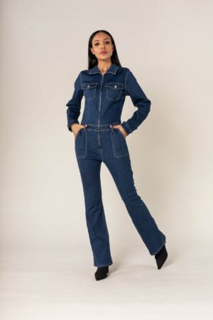 Nina Carter combi jean zippée poches carrées évasée bootcut patte d'eph